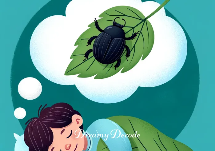 black beetle dream meaning _ A child peacefully sleeping with a dream cloud above showing a black beetle on a leaf.