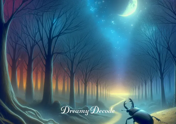 black beetle dream meaning _ A curious black beetle in the dream, exploring a mysterious, moonlit forest path.