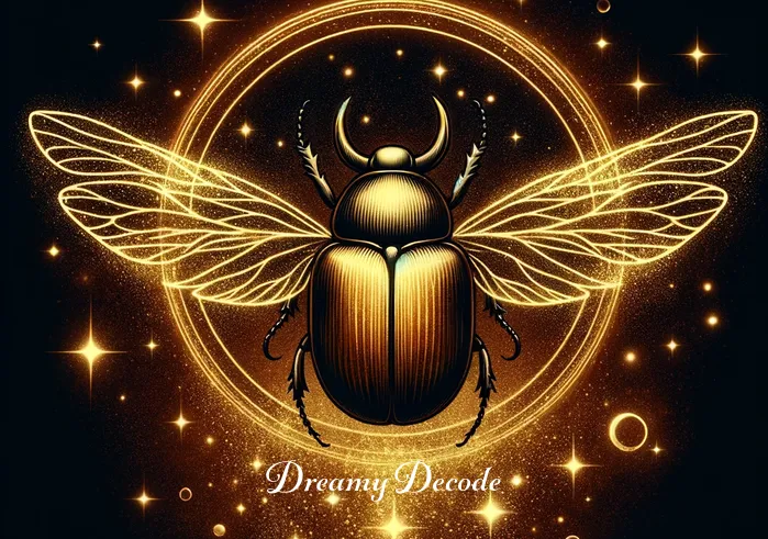 black beetle dream meaning _ The dream beetle transforming into a shimmering, golden emblem, symbolizing transformation and growth.