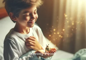 black beetle dream meaning _ The child waking up, holding a small golden beetle charm, feeling inspired and enlightened.