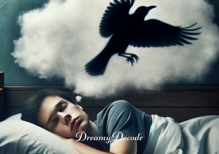 black bird dream meaning _ A young person lying in bed, eyes closed, with a shadowy black bird silhouette emerging from their dream cloud.