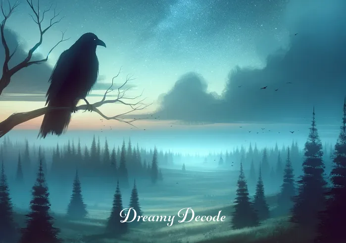 black bird dream meaning _ A vast dreamy landscape with tall trees and a large mysterious black bird perched on a branch, watching the horizon.