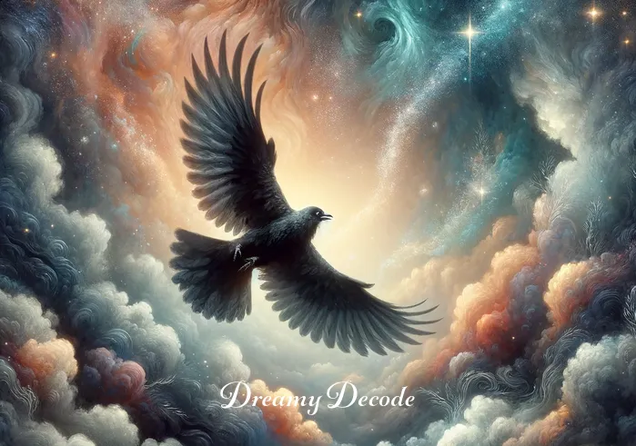 black bird dream meaning _ The black bird taking flight in the dream, spreading its wings wide, surrounded by swirling mist and twinkling stars.