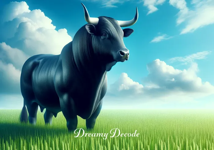 black bull dream meaning _ A gentle black bull standing serenely in a lush, green meadow under a clear blue sky, symbolizing the beginning of a dream journey.