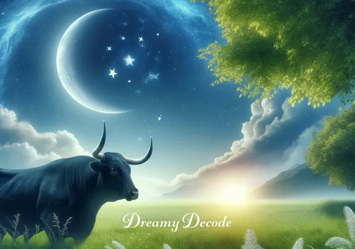 black bull dream meaning _ A young person in a dream, looking curiously at the black bull from a safe distance, representing the dreamer