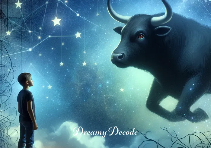 black bull dream meaning _ The black bull and the dreamer walking side by side along a winding path surrounded by colorful flowers, indicating a journey of self-discovery and understanding.