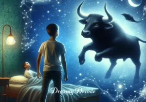 black bull dream meaning _ The black bull fading into a misty forest as the dreamer watches, signifying the end of the dream and the lingering impact of its meaning.