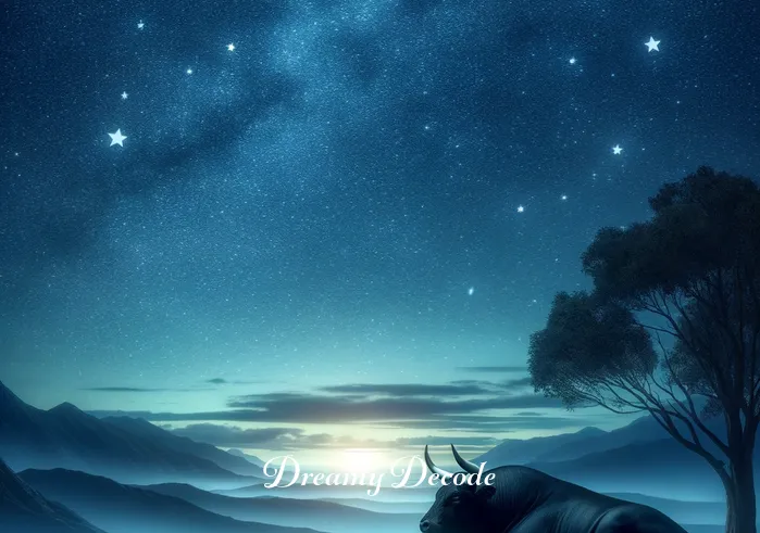black bull in dream meaning _ A serene nighttime landscape with a large, peaceful black bull resting under a starry sky, symbolizing the beginning of a dream journey.
