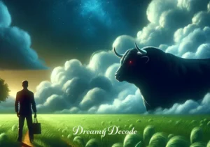 black bull in dream meaning _ The person from the dream standing before the black bull with an outstretched hand, signifying the dreamer's acceptance and embrace of their own courage and determination.