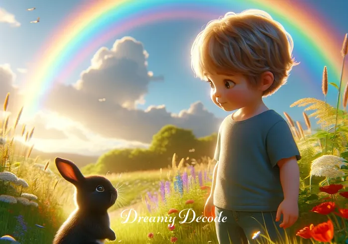 black bunny dream meaning _ A curious child standing in a sunlit meadow, looking at a gentle black bunny hopping towards a colorful rainbow in the distance.