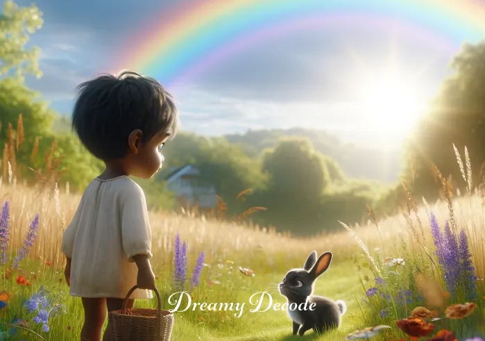 black bunny dream meaning _ A dreamy landscape under a starry sky where the same black bunny from the meadow is now glowing with a soft light, surrounded by sleeping flowers and a tranquil pond reflecting the stars.