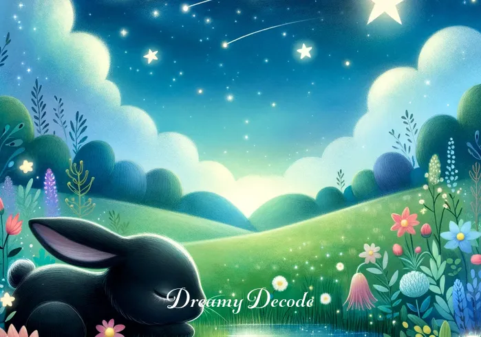black bunny dream meaning _ The child from the meadow, now seated at a rustic wooden desk, writing in a journal by candlelight, with a plush black bunny toy and drawings of bunnies and stars scattered around.