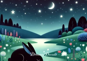 black bunny dream meaning _ The child, with a look of peaceful understanding, sharing the dream journal with friends in a cozy treehouse, the plush black bunny included in the circle of attentive listeners.