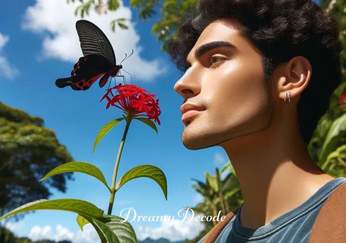 black butterfly dream meaning _ A young person stands in a lush green meadow under a clear blue sky, gazing thoughtfully at a delicate black butterfly perched on a vibrant red flower.