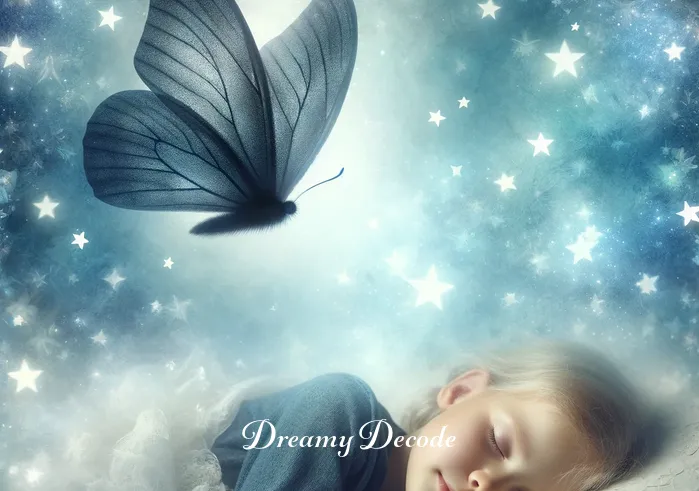 black butterfly dream meaning _ The child, now wide awake, scribbles in a journal at a wooden desk, surrounded by books, a lamp, and a plush toy, with a black butterfly sticker adorning the cover of the diary.
