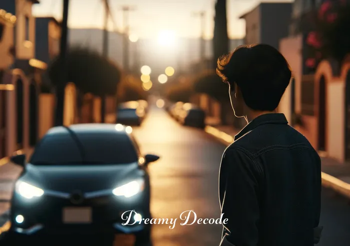black car dream meaning _ A young person stands at the edge of a peaceful street at dusk, gazing at a shiny black car parked under a streetlamp, symbolizing the beginning of a journey or an adventure in a dream.