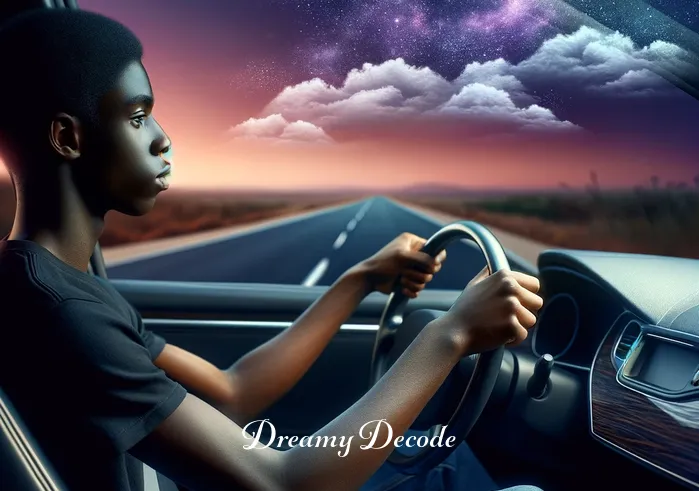 black car dream meaning _ The black car is now driving under a starry night sky, with the young person peering out the window, representing moving through obstacles or the unknown in dream interpretation.
