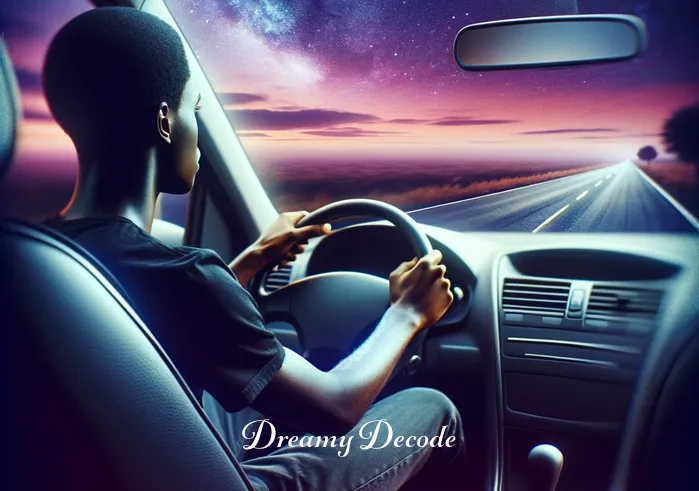 black car dream meaning _ The car has arrived at a brightly lit destination, with the young person stepping out of the car with a look of accomplishment, symbolizing the achievement of goals or the end of a journey in dream symbolism.