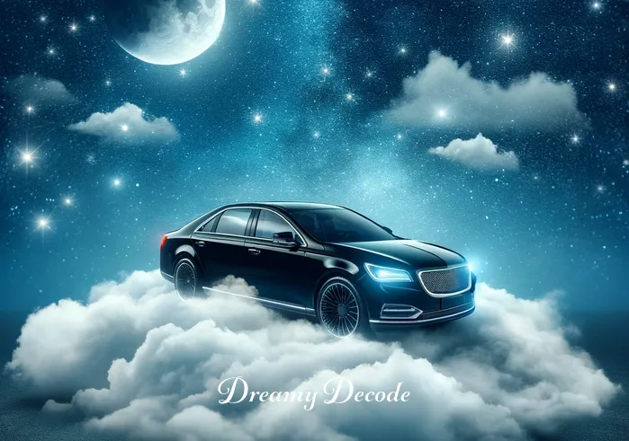 black car in dream meaning _ A shiny black car parked on a cloud, with a backdrop of a starry night sky, symbolizing the journey into a dream.