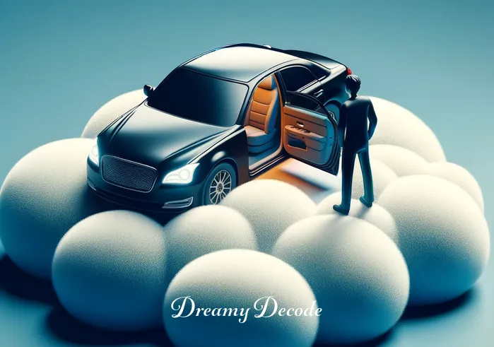 black car in dream meaning _ A person standing beside the black car on the cloud, peering curiously into the open driver’s door, representing the dreamer’s invitation to uncover the meaning.