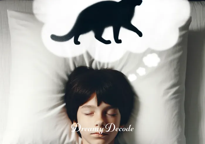black cat dream meaning _ A young person asleep in bed with a whimsical cloud above their head, where a silhouette of a black cat is visible, representing the beginning of a dream about a black cat.