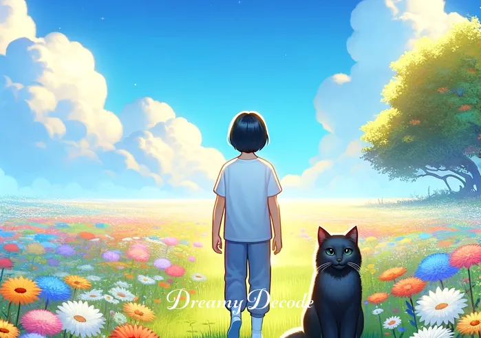 black cat dream meaning _ A dream sequence where the same young person is standing in a vibrant, colorful meadow under a clear blue sky, with a friendly black cat approaching them, symbolizing the meeting within the dream.
