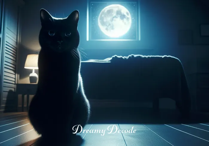 black cat dream meaning bible _ A mysterious black cat sitting calmly at the foot of the bed, while moonlight streams through the window.