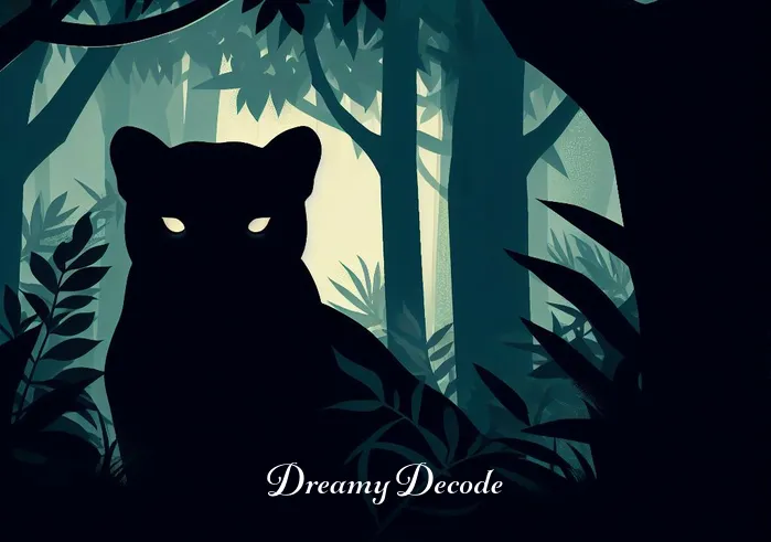 black panther attack dream meaning _ A shadowy jungle scene with a black panther lurking behind the trees, its eyes glowing, observing the surroundings.