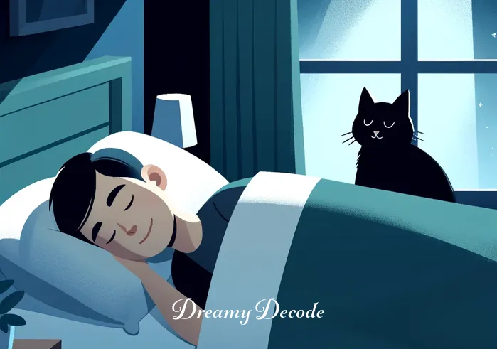 black cat dream spiritual meaning _ A young person asleep in their bed with a soft smile, as a shadowy silhouette of a black cat sits peacefully at the foot of the bed against a backdrop of twinkling stars.