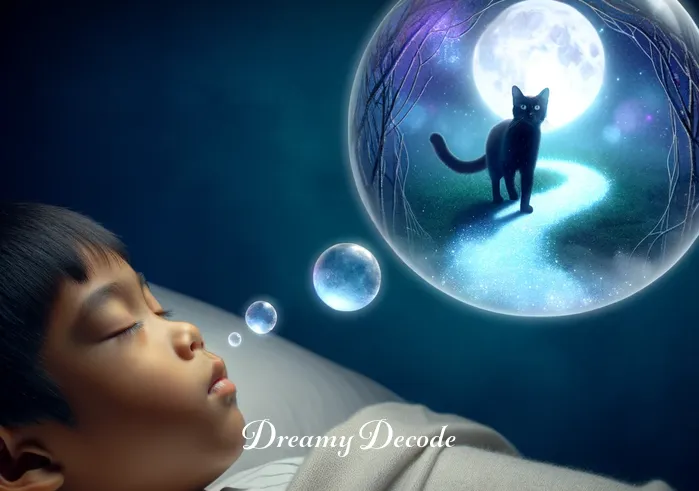 black cat dream spiritual meaning _ A dream bubble above the sleeping child, showing the black cat walking along a winding path that glows under the moonlight, symbolizing a journey or path in life.
