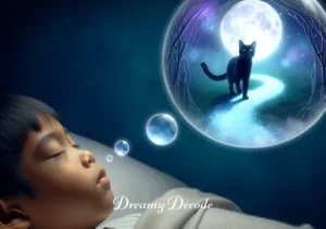 black cat dream spiritual meaning _ The child waking up, sitting in bed with a look of wonder, and writing down their dream in a journal, with a black cat plush toy beside them, suggesting reflection and understanding of the dream's meaning.