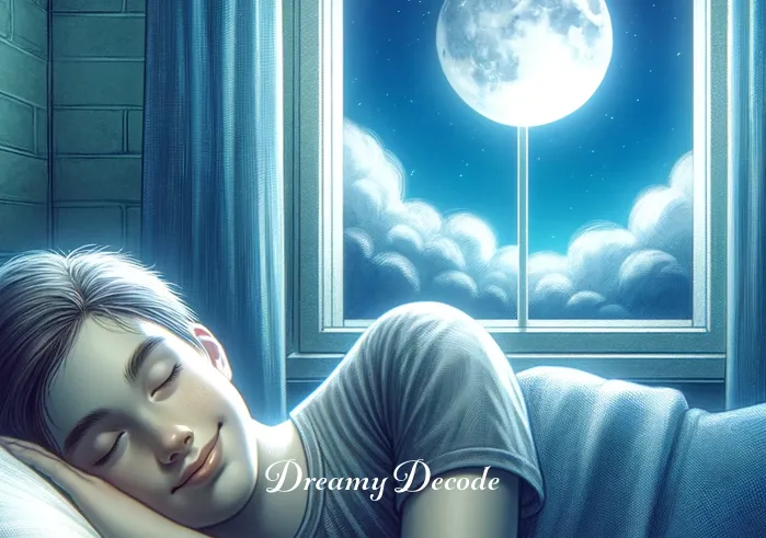 black cat in a dream meaning _ A young person sleeping peacefully with a soft smile, under a moonlit sky through the window, hinting at the beginning of a dream.