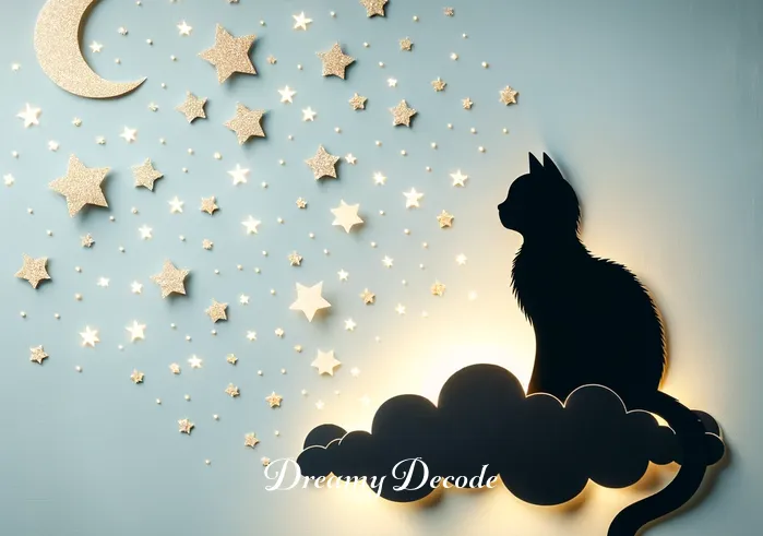 black cat in a dream meaning _ A silhouette of a black cat sitting gracefully at the edge of a dream cloud, with twinkling stars in the background.