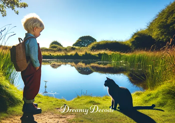 black cat in dream meaning _ A child standing in a sunny meadow with a puzzled expression, looking at a shadowy figure of a black cat sitting at the edge of a peaceful pond, reflecting the clear blue sky.