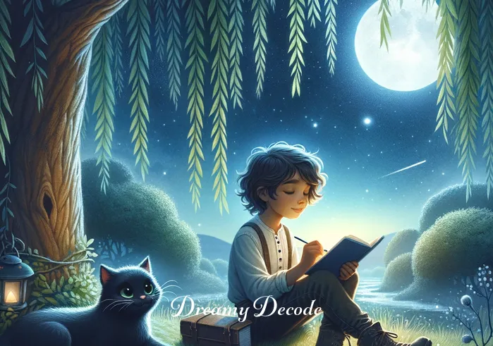 black cat in dream meaning _ A dreamy, whimsical landscape showing a young person with a notebook in hand, sitting under a willow tree by moonlight, with the black cat now appearing clear and friendly, lying next to them.