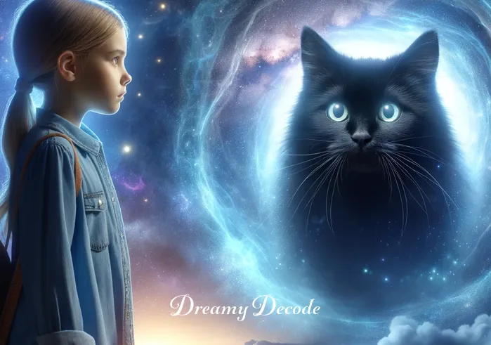 black cat in dream spiritual meaning _ A young person stands in a starlit dreamscape, looking curiously at a friendly black cat that has just appeared, symbolizing the beginning of a spiritual journey.