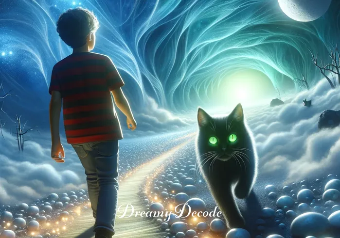 black cat in dream spiritual meaning _ The black cat, with bright green eyes, guides the young dreamer across a glowing path of moonstones, representing an unfolding mystery in the dream world.