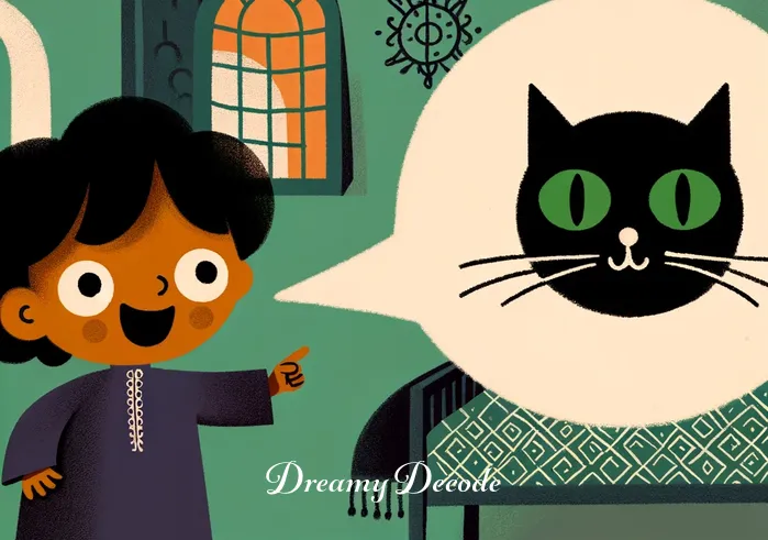 black cats dream meaning _ A young cartoon character with a speech bubble depicting a black cat, representing the initial curiosity about dreams.