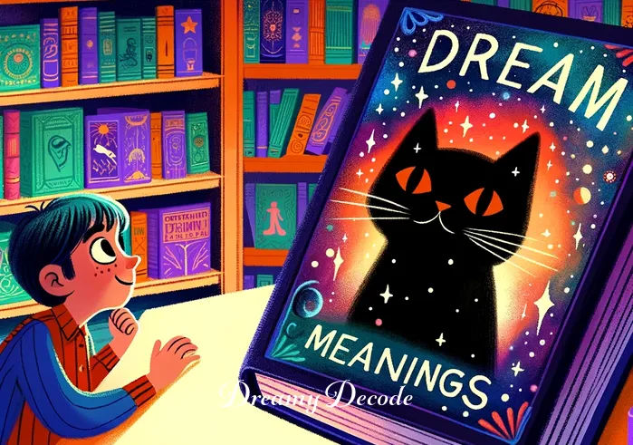 black cats dream meaning _ The same character now looking at a large book titled "Dream Meanings," with a black cat silhouette on the cover, symbolizing the search for understanding.