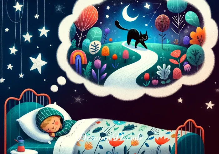 black cats dream meaning _ The character asleep in bed, with a thought bubble showing a black cat walking through a colorful dreamscape, indicating the dream process.