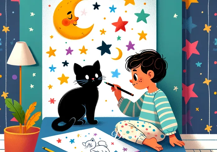 black cats dream meaning _ The character, now awake, drawing a picture of the black cat from their dream, surrounded by stars and moons, illustrating the reflection on the dream's meaning.