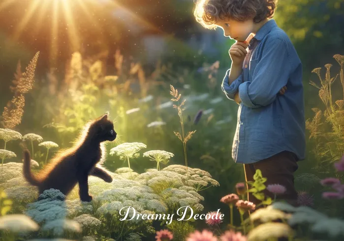 black cats in dream meaning _ A young person standing in a sunlit meadow, looking curiously at a playful black kitten that has just appeared from a cluster of wildflowers.