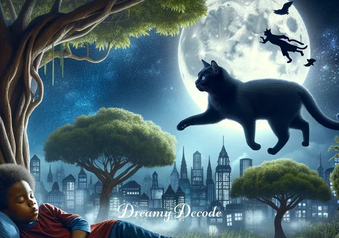 black cats in dream meaning _ In the next scene, the child is asleep under the tree, dreaming of flying over a moonlit cityscape with the black kitten now grown into a majestic cat leading the way.