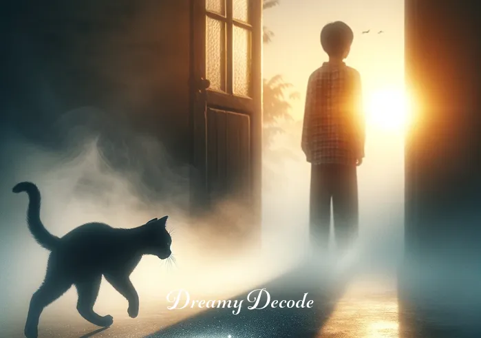 black cats in dream meaning _ The final image shows the child waking up at sunrise, with the black cat fading into the morning mist, leaving behind a single, shimmering paw print on the ground.
