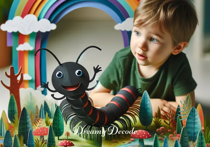 black centipede in dream meaning _ A curious young boy peering into a whimsical pop-up book where a large, friendly cartoon black centipede waves from a colorful dream forest, illustrating the beginning of a dream journey.