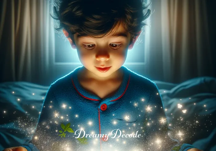 black centipede in dream meaning _ The same boy now depicted with a look of wonder, as the black centipede in the book begins to glow, hinting at the dream taking life and the start of a magical adventure.