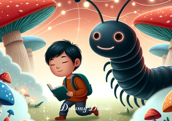 black centipede in dream meaning _ In the dream world, the boy and the cartoon black centipede are seen exploring a dreamy landscape filled with oversized mushrooms and twinkling lights, symbolizing the exploration of subconscious thoughts.