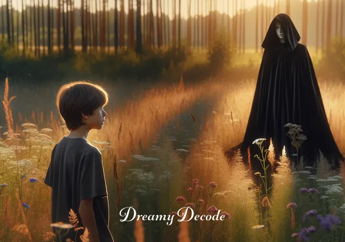 black cloak dream meaning _ A young person standing in a sunlit meadow, looking curiously at a mysterious figure in a black cloak standing in the distance. The figure is motionless, and the atmosphere is one of intrigue and wonder.
