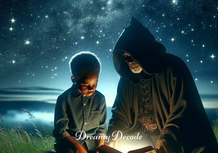 black cloak dream meaning _ The young person and the cloaked figure are now sitting on a grassy hill under a starry night sky. They are surrounded by an aura of calm, and the figure is revealing an old, leather-bound book to the child.