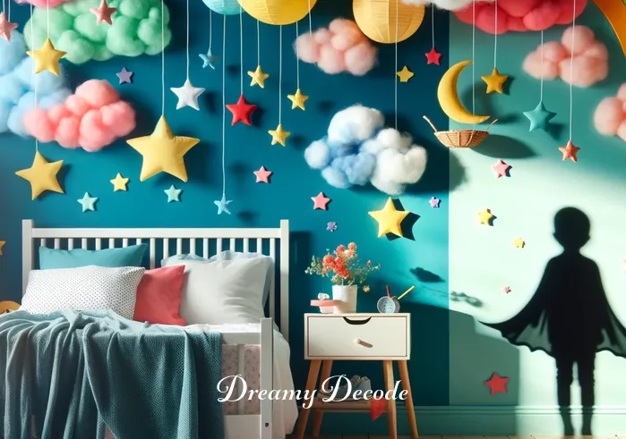 black clothes dream meaning _ A young girl in a vibrant, whimsical bedroom, surrounded by floating colorful symbols of dreams such as clouds, moons, and stars, with a mysterious shadow in the shape of black clothes in the corner, hinting at the beginning of a dream sequence.